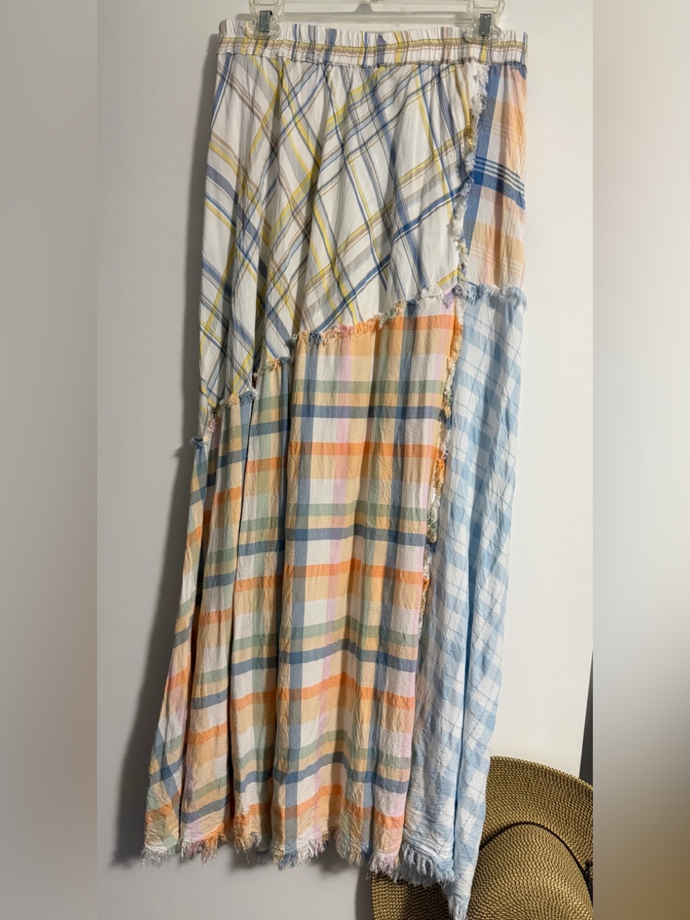 Cato L Plaid Asymmetric Patchwork Maxi Skirt Raw Edge Seams EUC